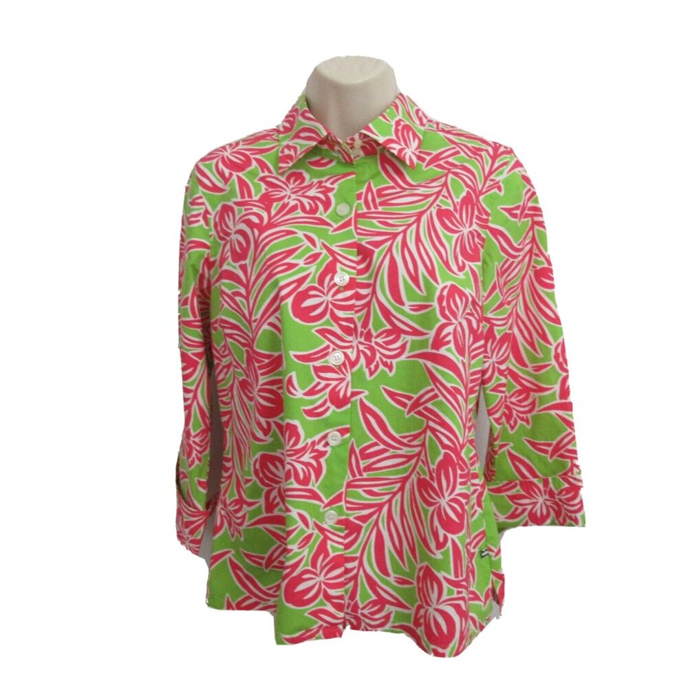 IZOD Stretch Blouse Sz Petite Large Button Front Hawaiian Tropical Print Cruise